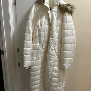 Women's White Quilted Coat with Fur Hood